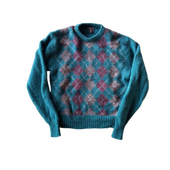 Nordstrom 100% Scottish Shetland Wool L* Teal Green Burgundy Argyle Sweater - Picture 1 of 7